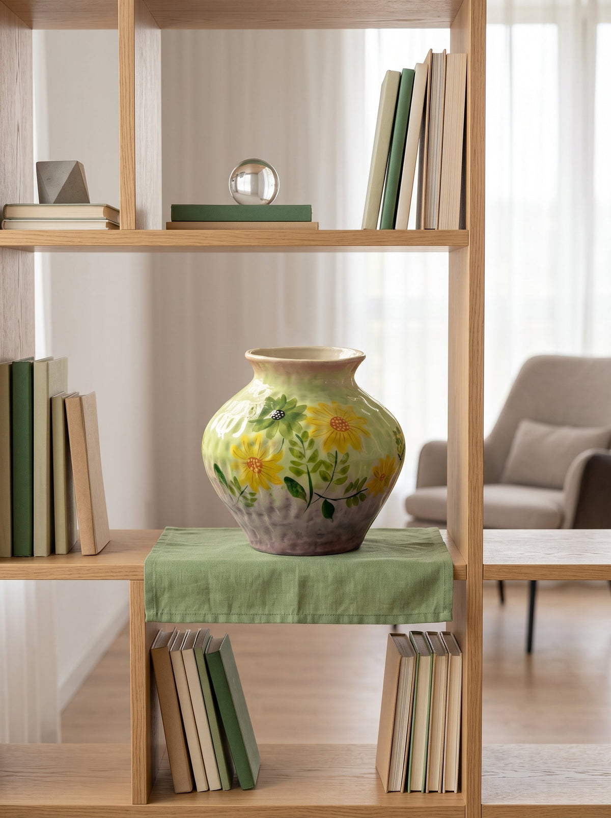 Sunflower ceramic vase on a wooden shelf among books in a living room