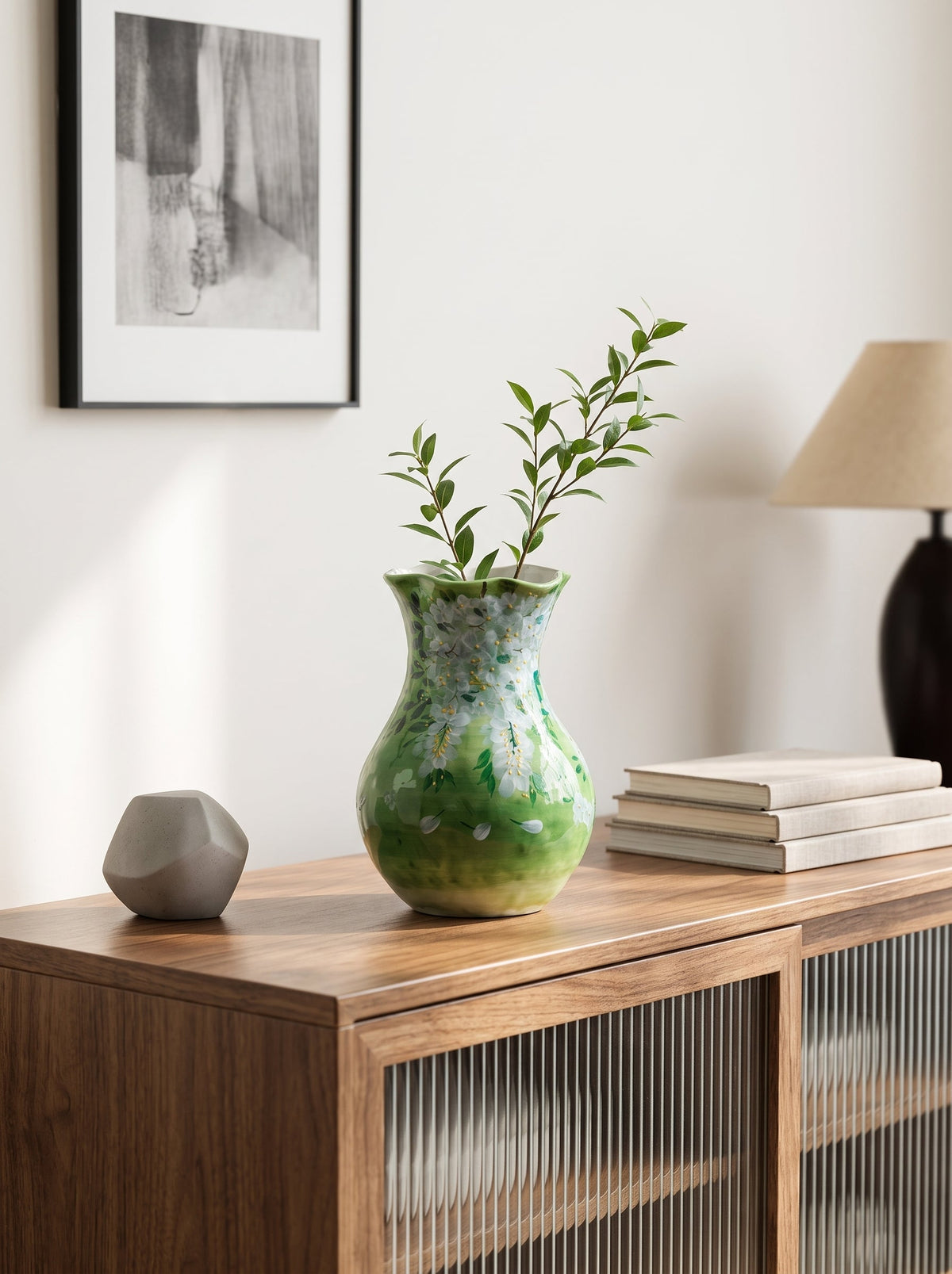 Emerald fluted vase on a shelf