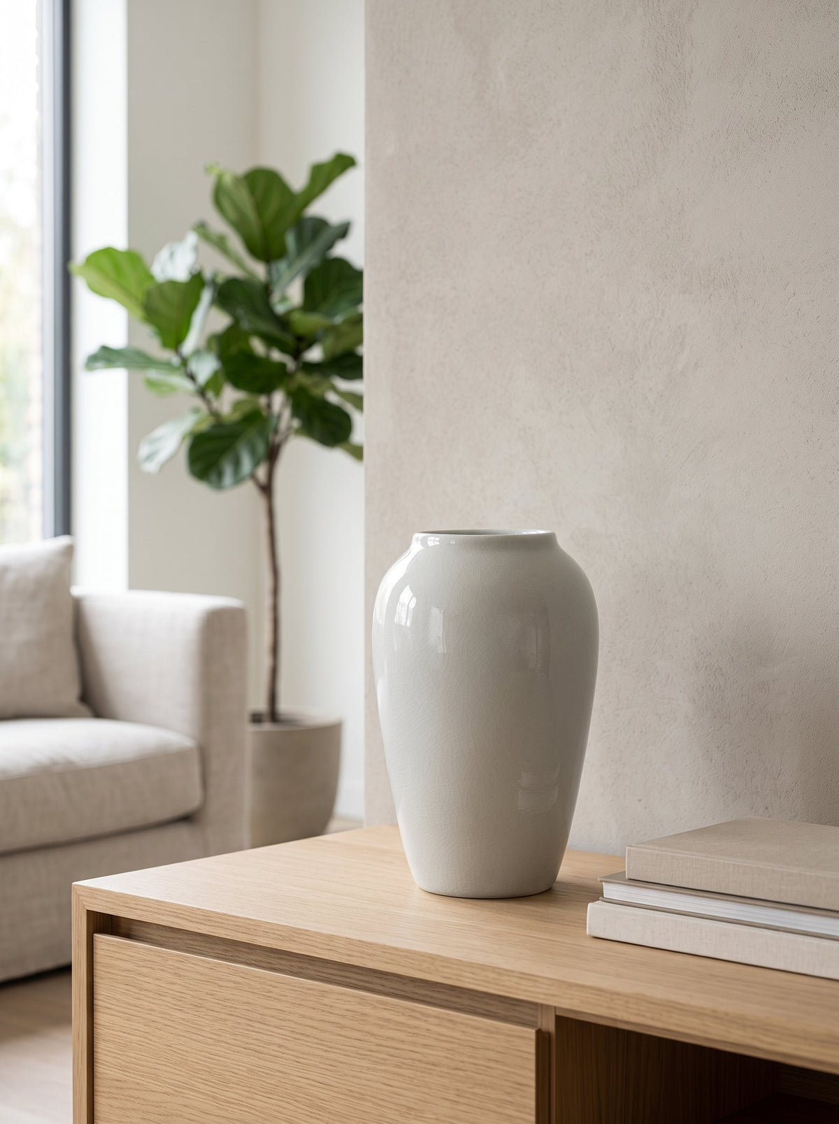 White crackle glaze ceramic vase, empty, on a wooden sideboard beside a leafy plant