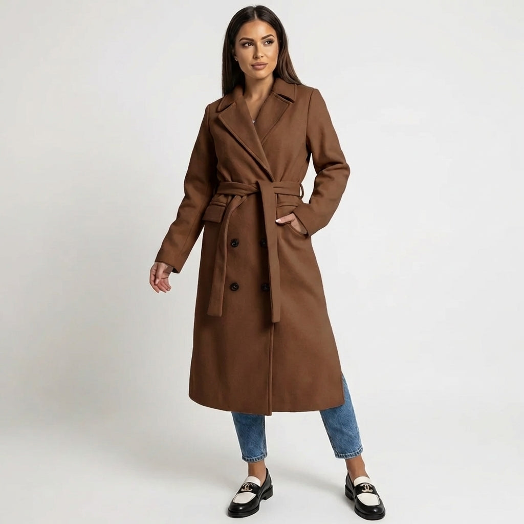 Women's Double-Breasted Belted Wool Blend Overcoat Winter