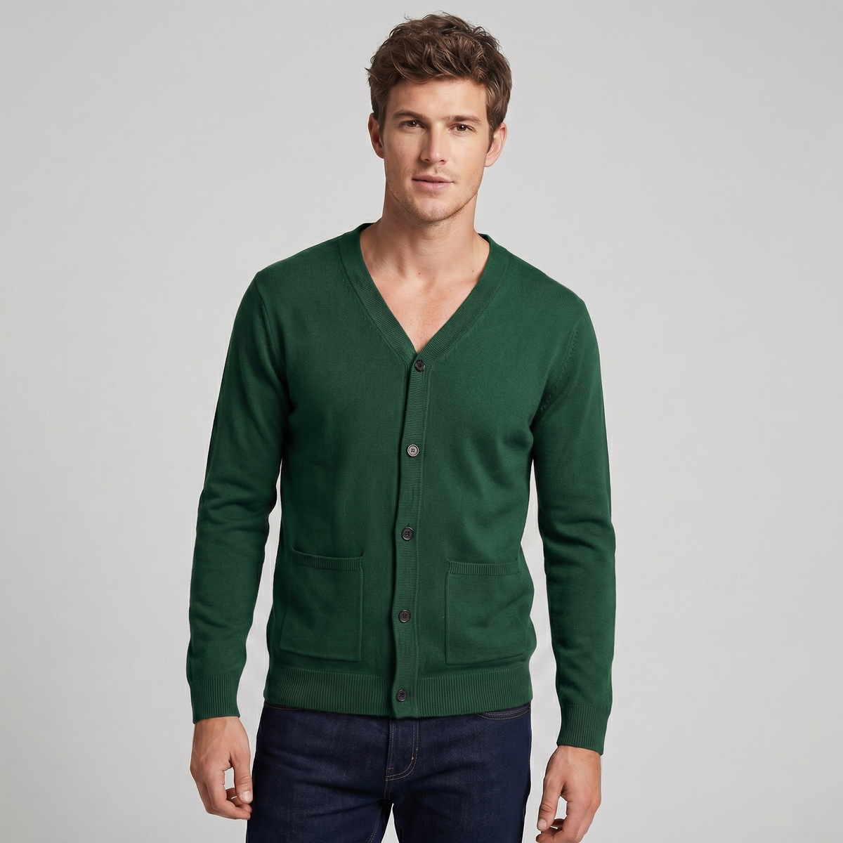 Men's V-Neck Button-Up Knit Cardigan Winter Sweater with Pockets