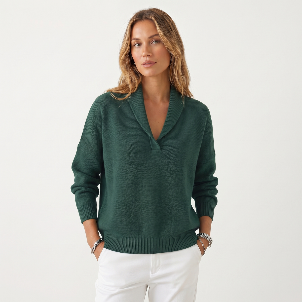 Suéter de punto con cuello en V para mujer – Pulóver casual de punto suave de ajuste holgado