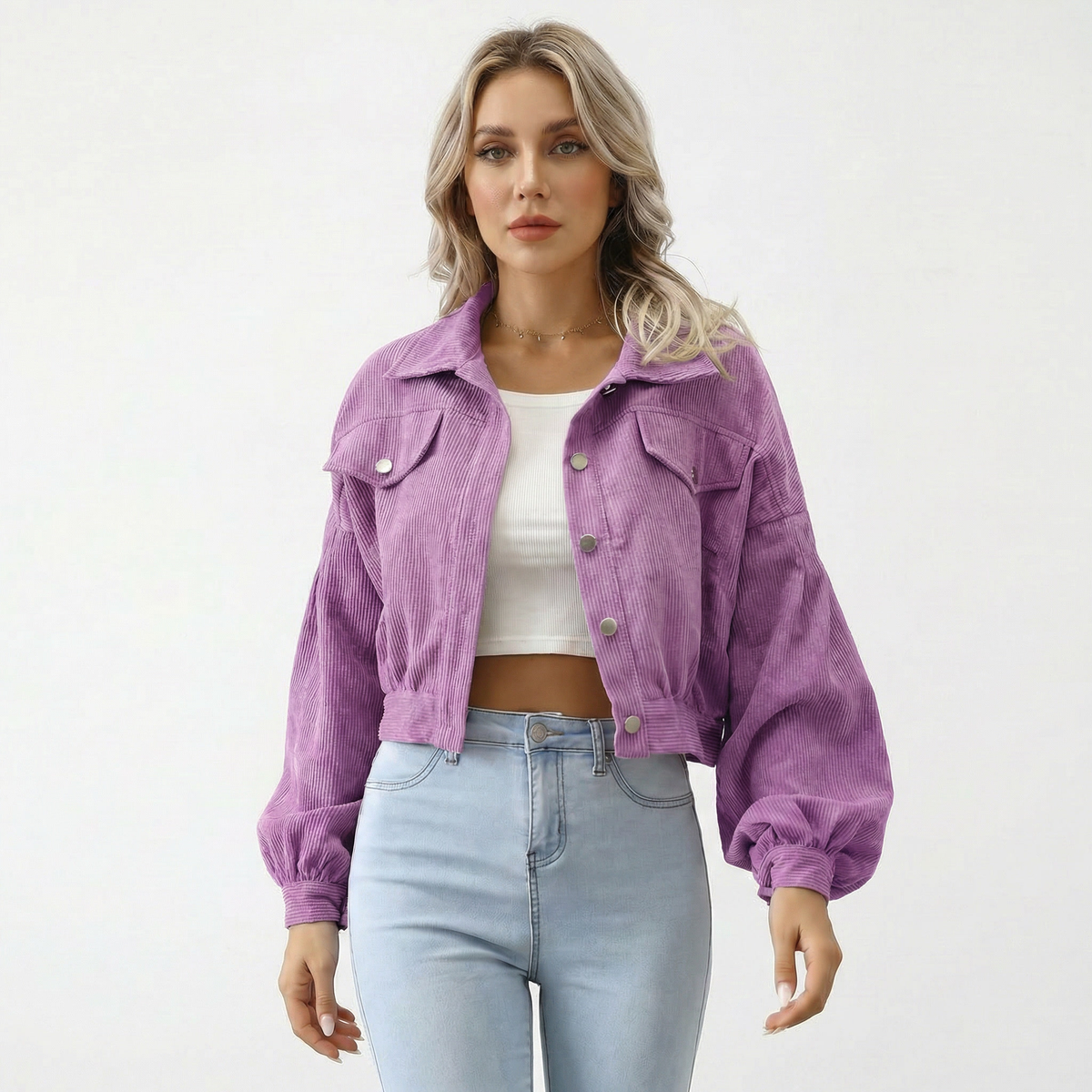 Chaqueta Corta de Pana Extragrande con Mangas Abullonadas y Botones para Mujer