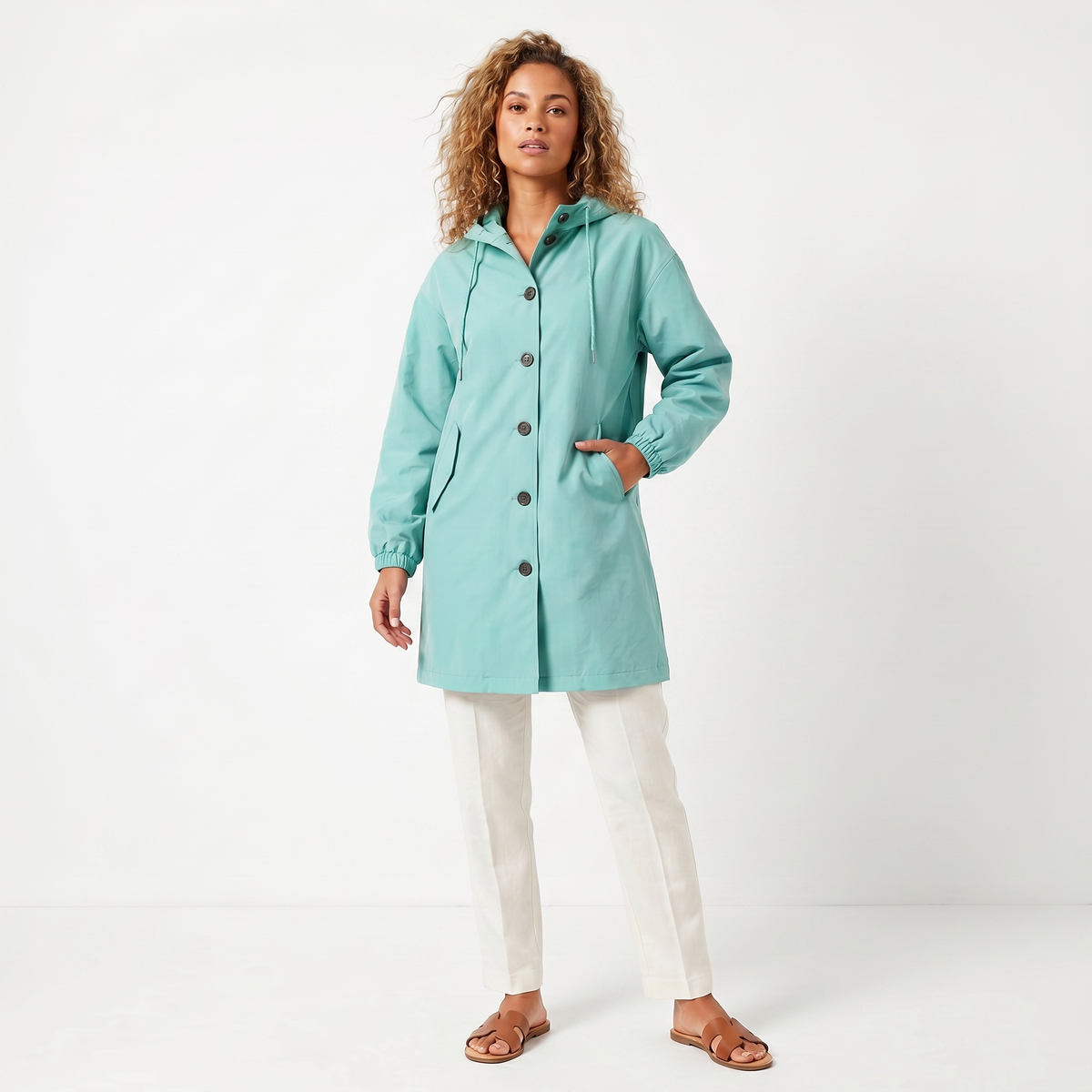 Women's Hooded Mid-Length Button-Up Trench Coat Waterproof Windbreaker