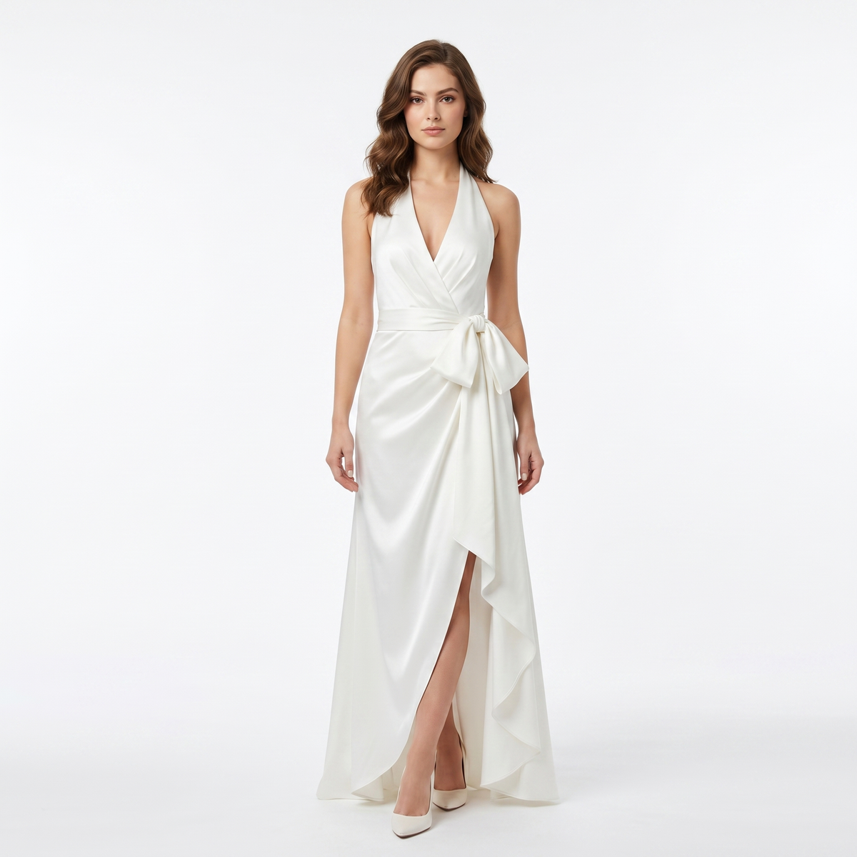 Satin Dress Halter - Deep V Wrap Ruffle Hi-Low Maxi