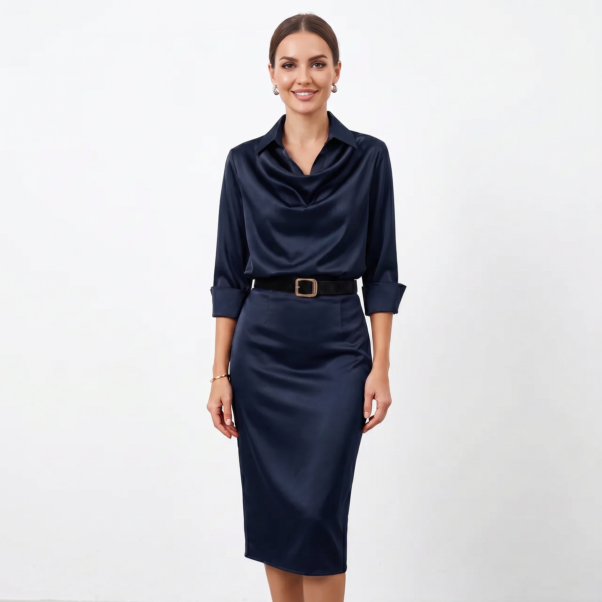 Satin Midi Dress - Cowl Neck Long Sleeve Bodycon