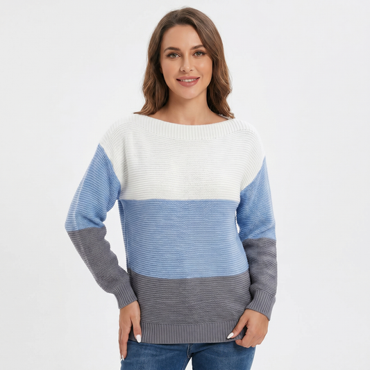Suéter de punto para mujer con bloques de color, cuello barco, manga larga y corte holgado