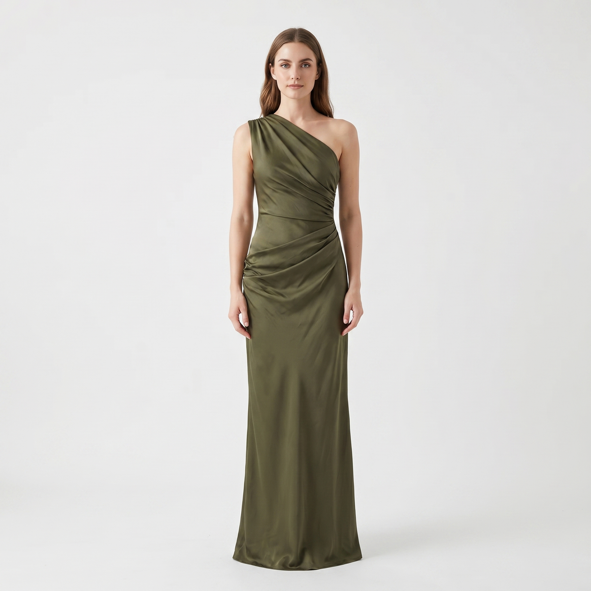 Women's One-Shoulder Satin Maxi Dress Ruched Bodycon Formal Gown