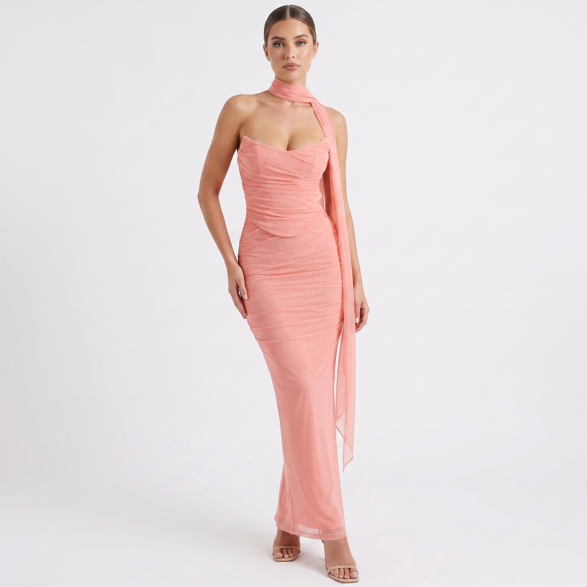 Women's Mesh Ruched Bodycon Maxi Dress Scarf Neck Sweetheart Formal Gown
