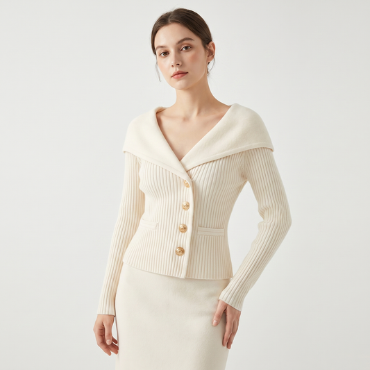 Cárdigan de punto acanalado para mujer, con solapas anchas estilo Bardot, botones dorados y corte entallado