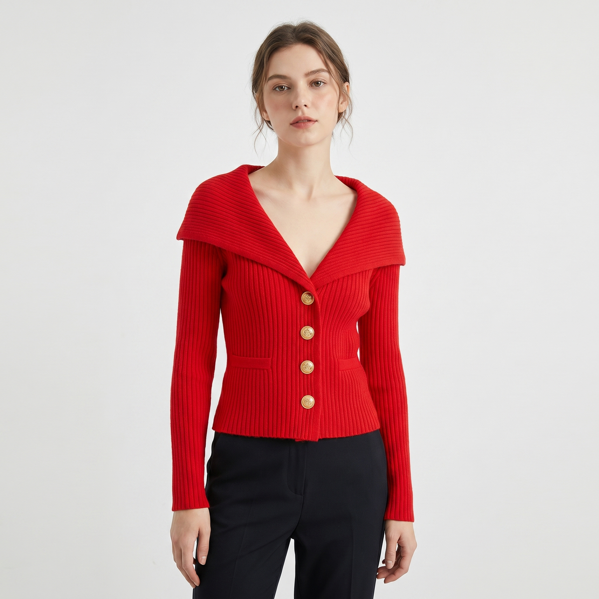 Women's Wide Lapel Bardot Ribbed Knit Cardigan Gold Button Fitted Jacket