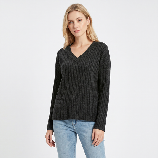 Suéter de invierno de punto suave para mujer, con cuello de pico acanalado, manga larga y diseño tipo pulóver