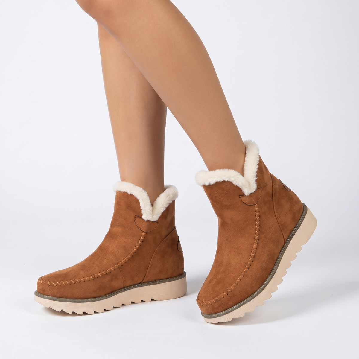 Women's Suede Ankle Snow Boots Sherpa Lined Slip-On Platform Winter Booties