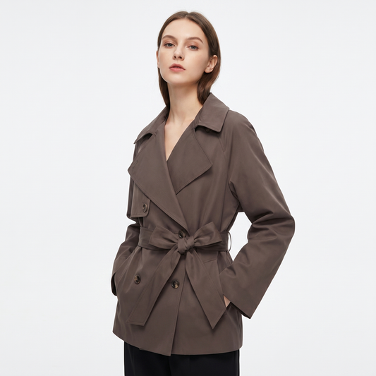 Gabardina corta para mujer, cruzada, con cinturón y solapas, chaqueta de primavera