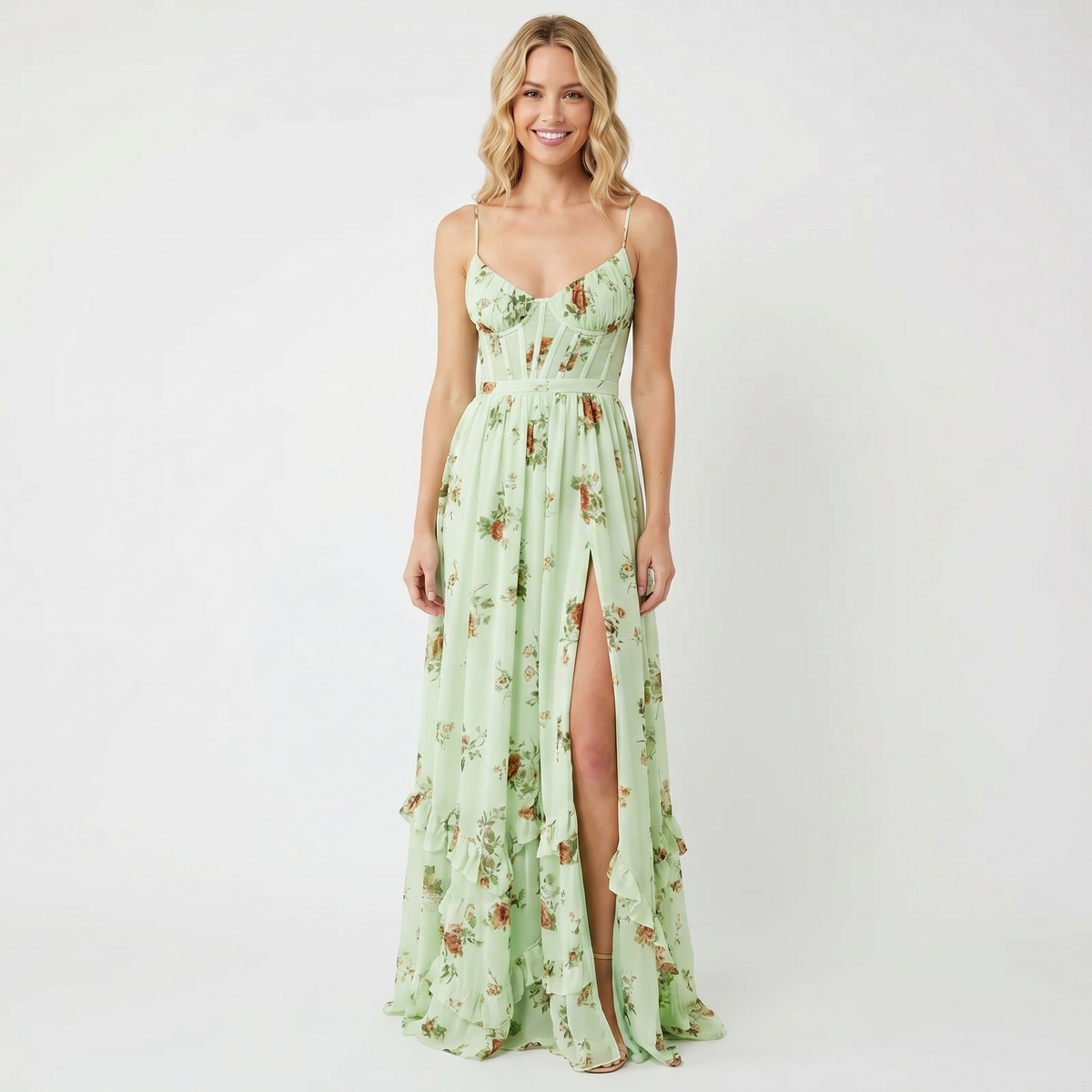 Women's Floral Chiffon Maxi Dress Spaghetti Strap Corset Bodice Front Slit Summer Dress