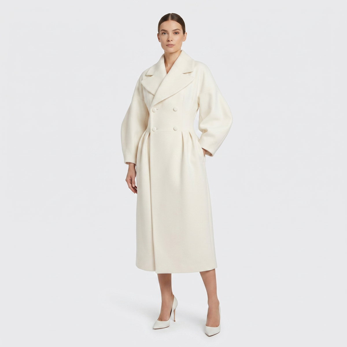 Women's Longline Wrap Coat Oversized Notch Lapel Balloon Sleeve Maxi