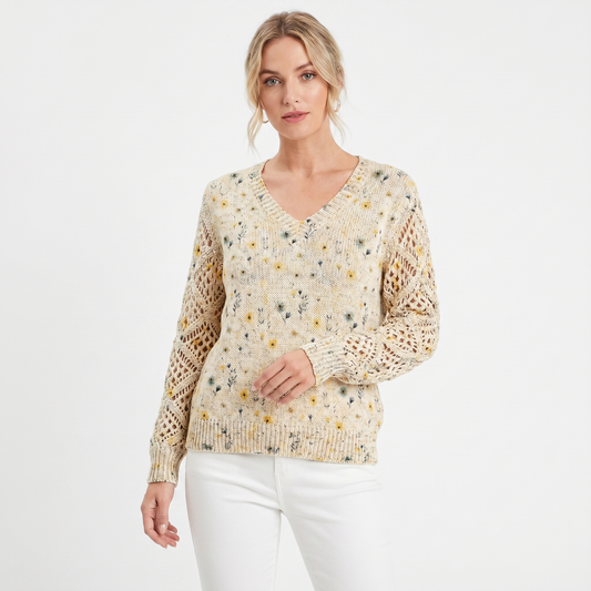Suéter de punto jacquard floral para mujer, con cuello de pico, mangas de ganchillo y diseño tipo pulóver