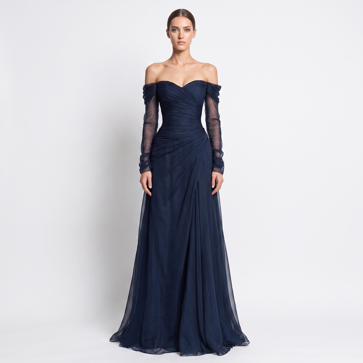 Women's Off-Shoulder Tulle Ball Gown Maxi Dress Ruched Formal Evening