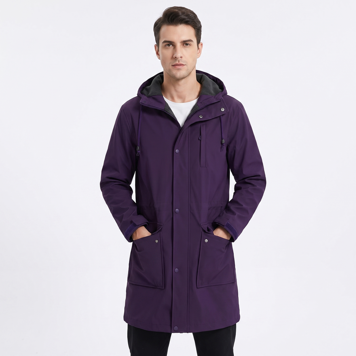 Men's Fleece Lined Softshell Parka Hooded Zip-Up Longline Windproof Coat