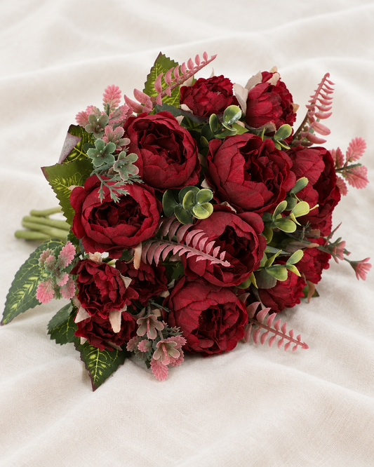 Burgundy Artificial Peony Bouquet in burgundy, shown alone on a linen background