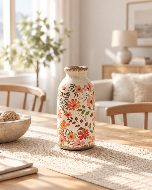 Floral Ceramic Vase, Cream & Pink styled on a dining table