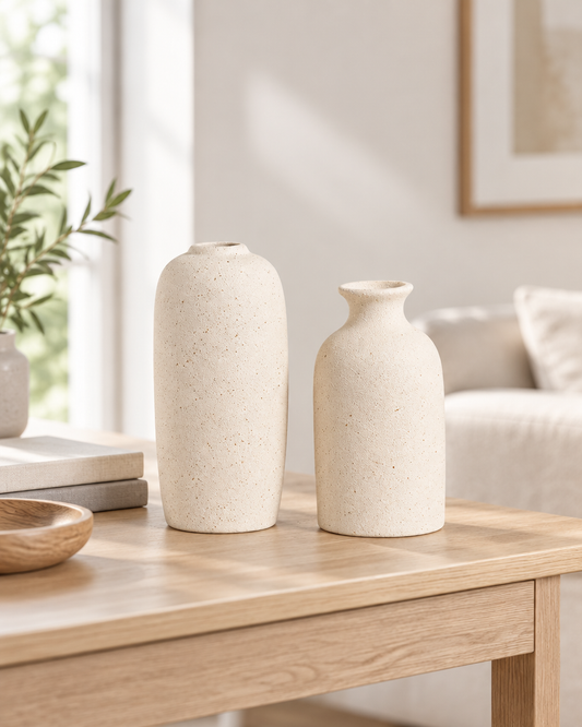 White Scandinavian Ceramic Vase on a console table