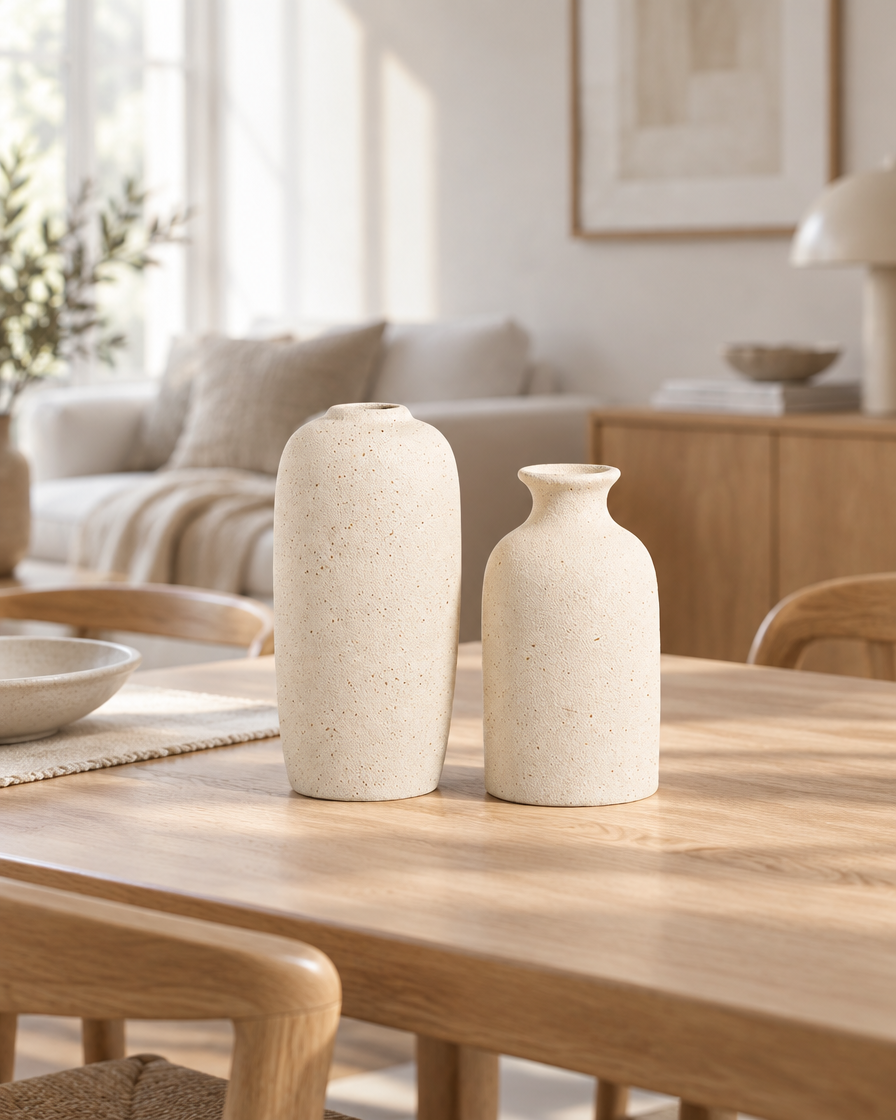 White Scandinavian Ceramic Vase styled on a dining table