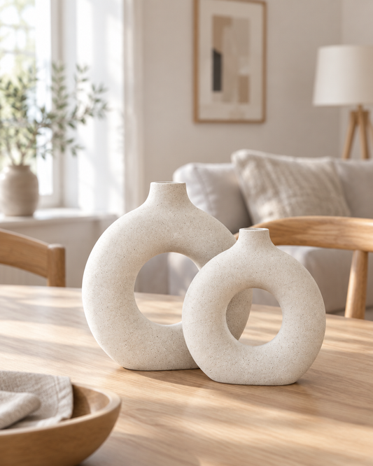 Nordic Donut Ceramic Vase, Beige styled on a dining table