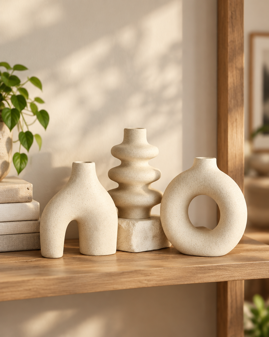 Boho Sculptural Ceramic Vase Set, Cream on a wooden shelf