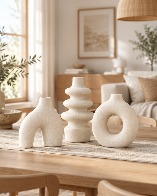 Boho Sculptural Ceramic Vase Set, Cream styled on a dining table