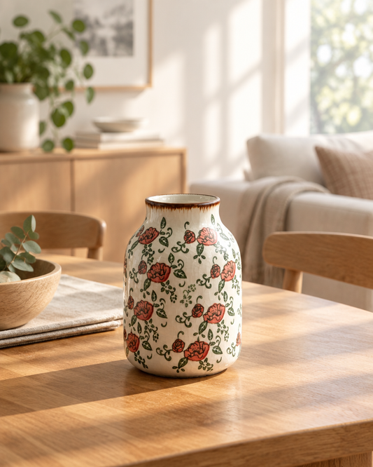 Small vintage red floral ceramic vase on a sunlit wooden table with a sofa behind