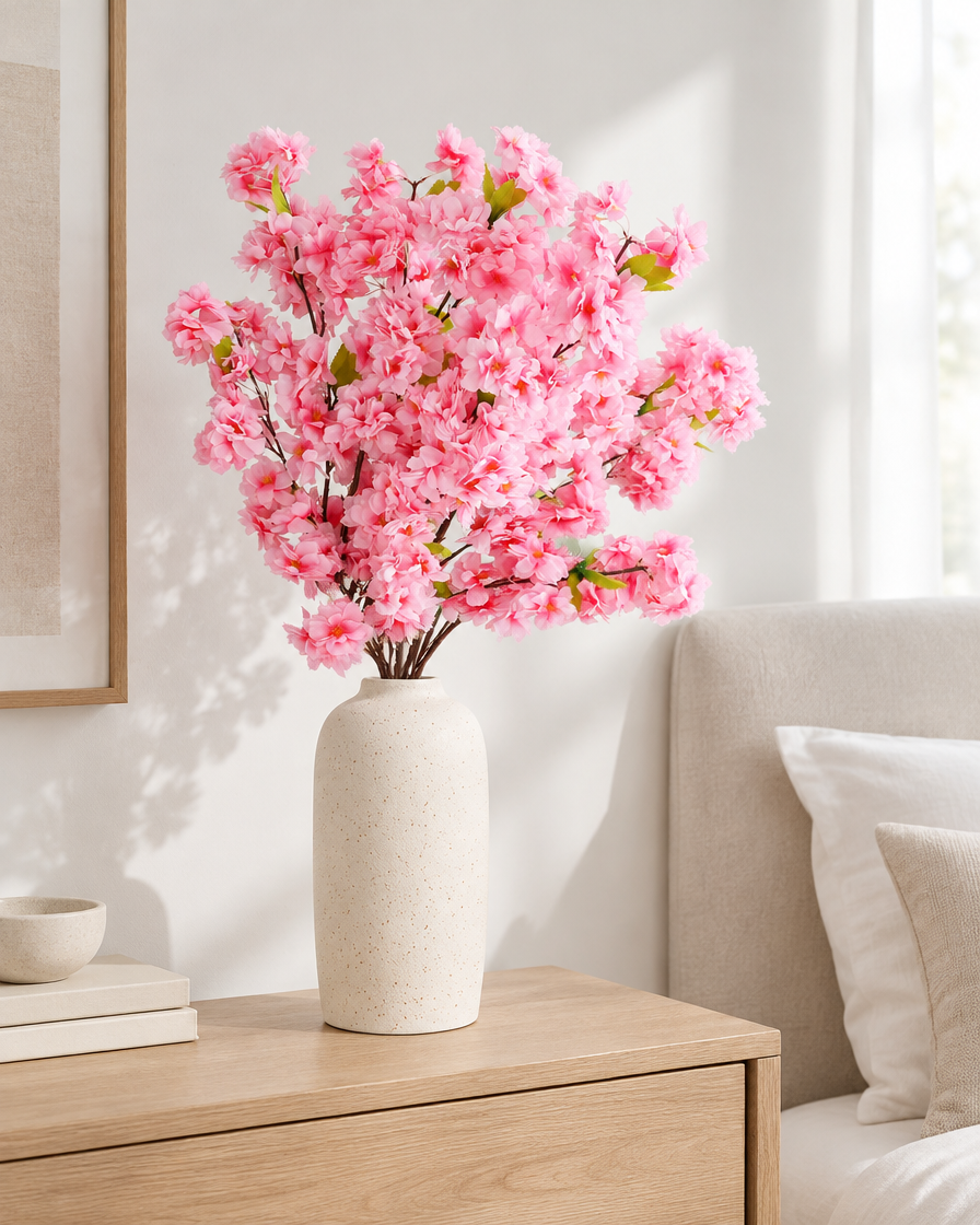 Pink Artificial Cherry Blossom Branch styled in a ceramic vase on a dresser (vase sold separately)