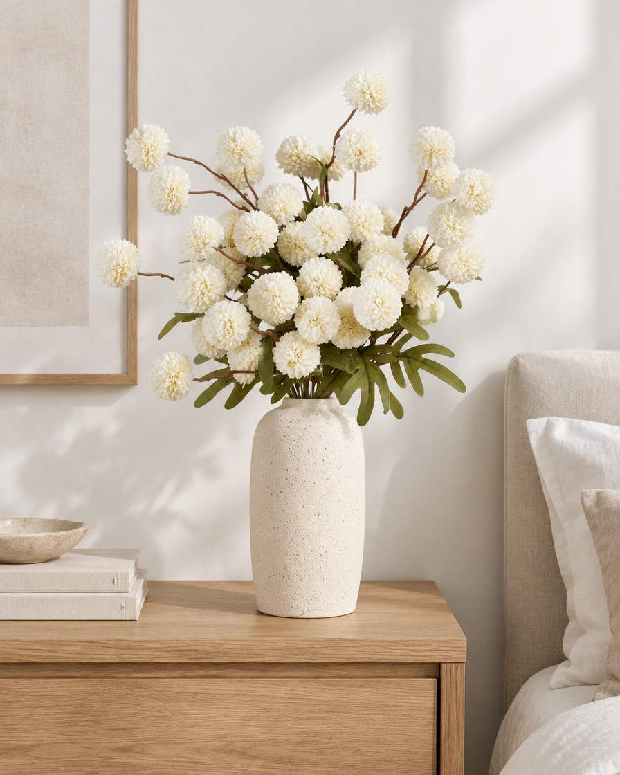 White Artificial Pom-Pom Flower Stems styled in a ceramic vase on a dresser (vase sold separately)