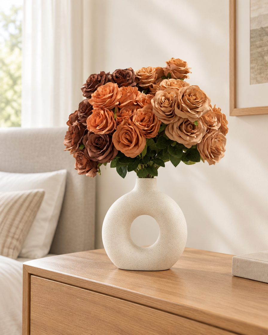 Caramel Brown Artificial Rose Bouquet styled in a ceramic vase on a dresser (vase sold separately)