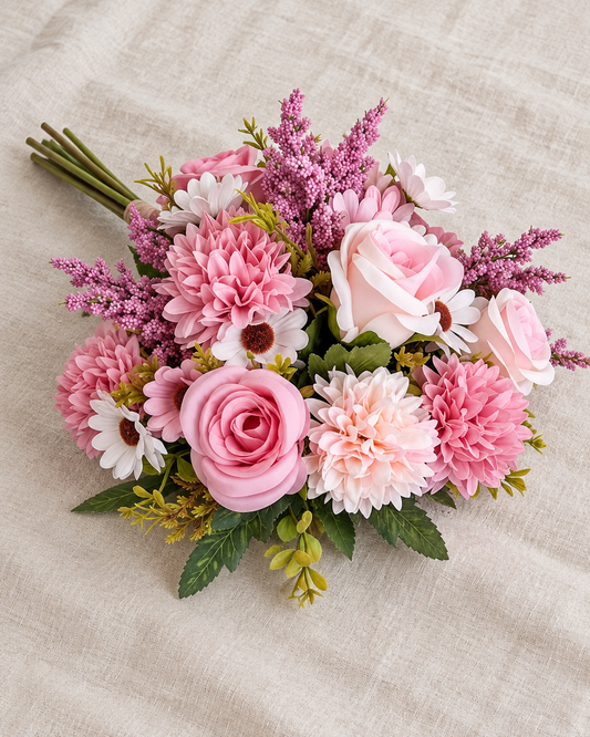 Pink Artificial Rose & Dahlia Mixed Bouquet, shown alone on a linen background