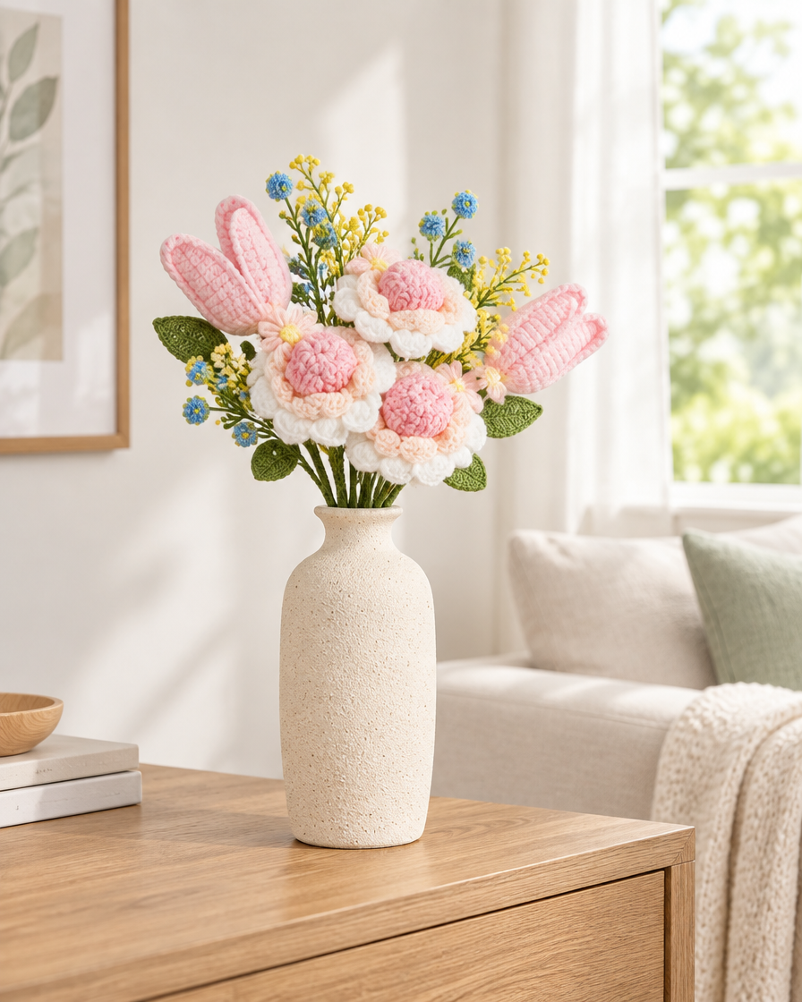 Pink Crochet Flower Bouquet styled in a ceramic vase on a console table (vase sold separately)