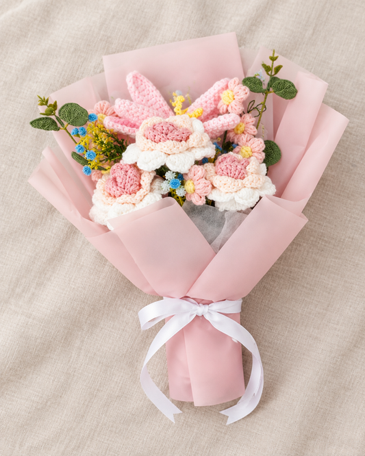 Pink Crochet Flower Bouquet, shown alone on a linen background