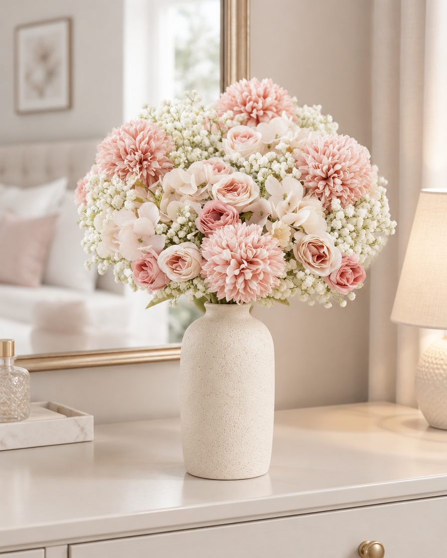 Blush Pink & White Artificial Bouquet with Baby's Breath styled in a ceramic vase on a dresser (vase sold separately)