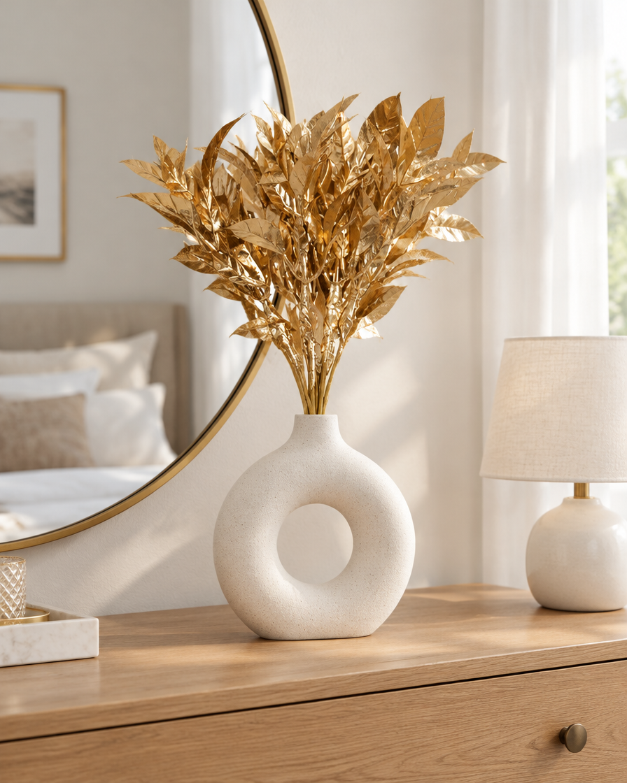 Gold Glitter Artificial Leaf Stems Bunch styled in a ceramic vase on a dresser (vase sold separately)