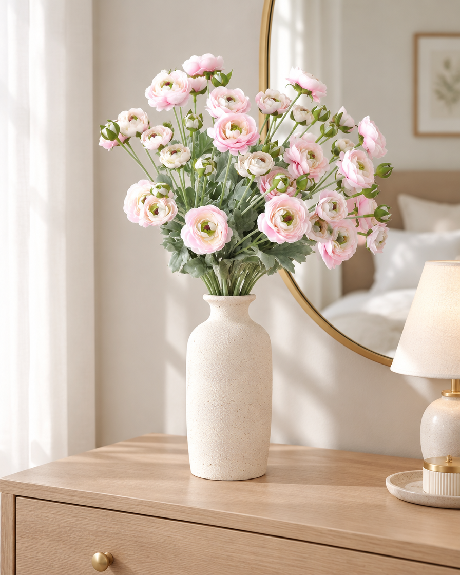 Pale Pink Artificial Ranunculus Stems styled in a ceramic vase on a dresser (vase sold separately)
