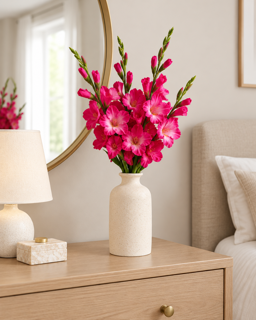 Hot Pink Artificial Gladiolus Flower Stems styled in a ceramic vase on a dresser (vase sold separately)