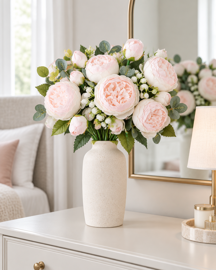 Blush Pink Artificial Peony Bouquet styled in a ceramic vase on a dresser (vase sold separately)