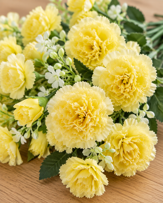 Close-up detail of the yellow artificial carnation bouquet on an oak table