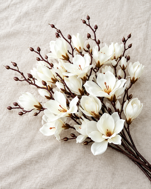 White Artificial Magnolia Branches, shown alone on a linen background
