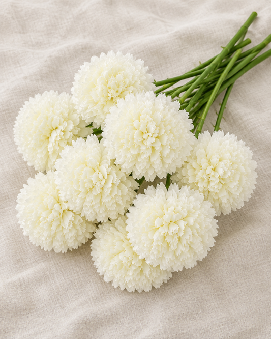 Cream White Artificial Chrysanthemum Ball Flower Bunch, shown alone on a linen background