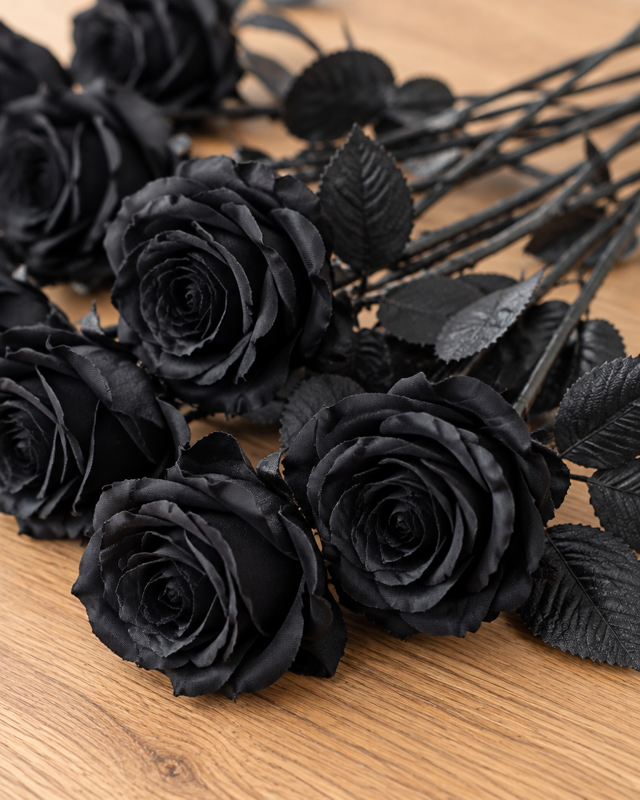 Close-up detail of the black artificial long-stem rose stems on an oak table