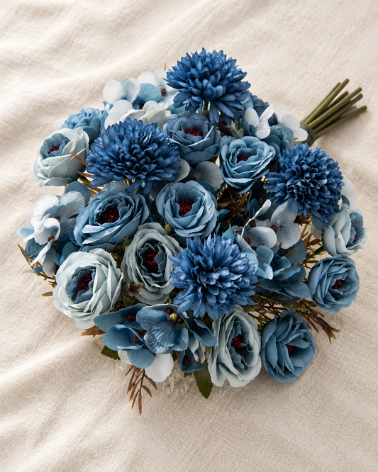Dusty Blue Artificial Rose & Chrysanthemum Bouquet, shown alone on a linen background