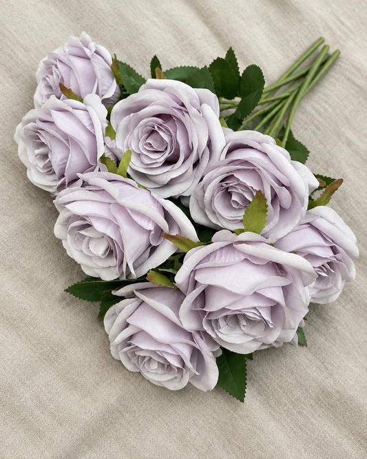 Lilac Artificial Rose Bouquet, shown alone on a linen background