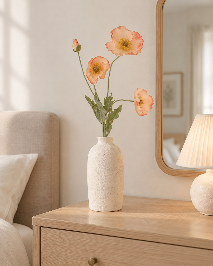 Peach Artificial Poppy Stem styled in a ceramic vase on a dresser (vase sold separately)