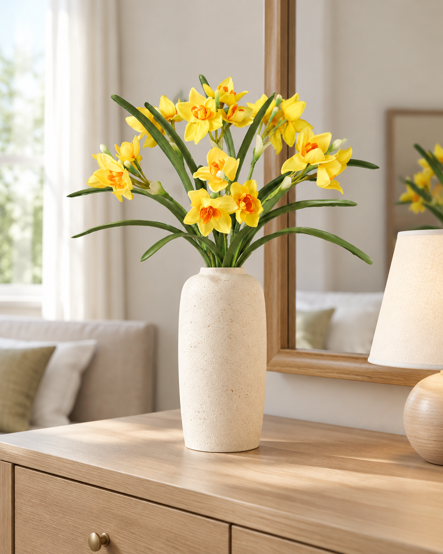 Yellow Artificial Narcissus Stems styled in a ceramic vase on a dresser (vase sold separately)